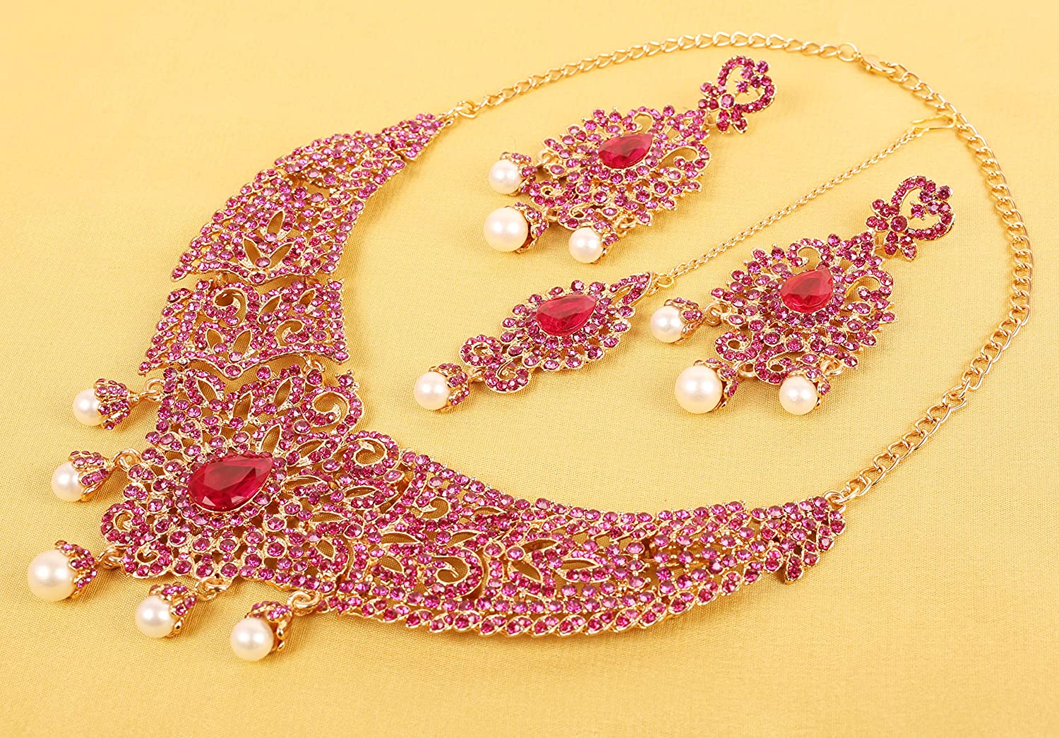 Touchstone Indian Bollywood Gorgeous intricate Workmanship Sparkling White Colorful Rhinestone crystal wedding Designer Jewelry Necklace Set In Gold or Silver Tone For Women. - Image 5